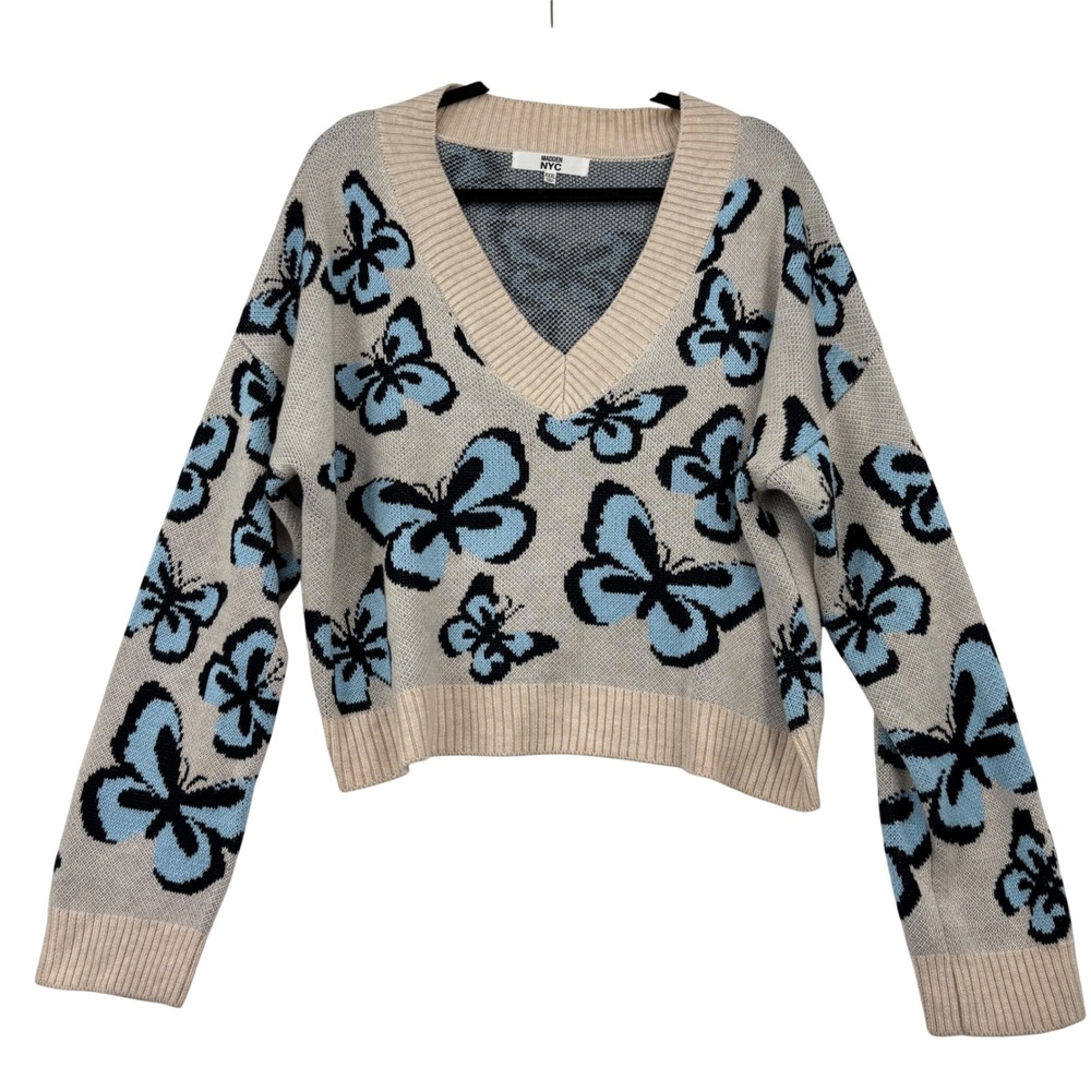Madden NYC Butterfly V-Neck Cropped Sweater Size XXXL Beige Blue Knit Y2K